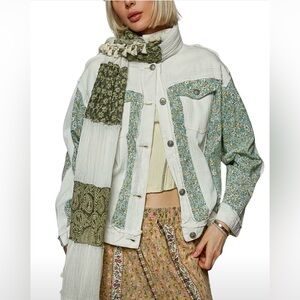 POL Green Floral Patchwork Denim Jacket